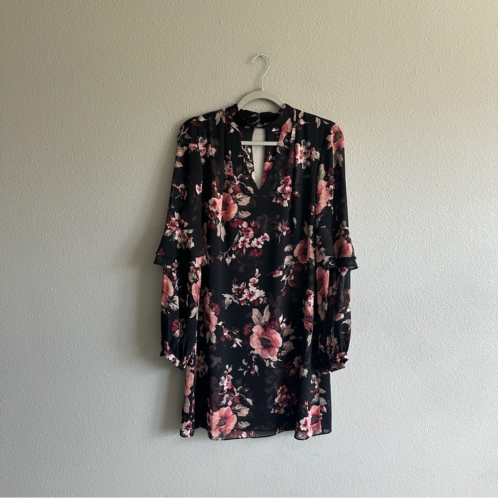 White House Black Market Floral Black and Pink Long Sleeve Dress Small